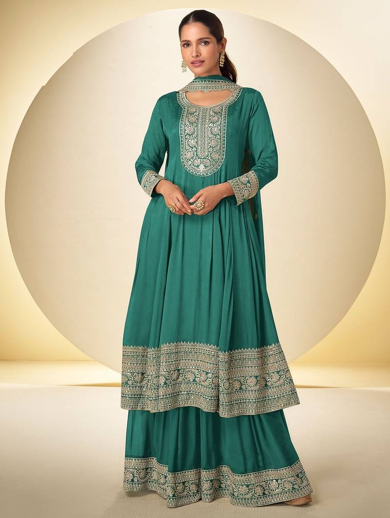 peacock green chiffon embroidery work & sequins semi stitched suit