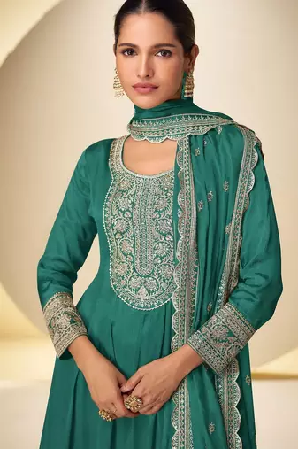 peacock green chiffon embroidery work & sequins semi stitched suit