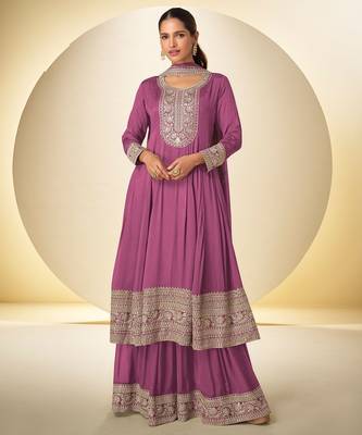 pink chiffon embroidery work & sequins semi stitched suit 1