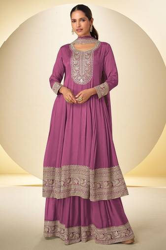 pink chiffon embroidery work & sequins semi stitched suit