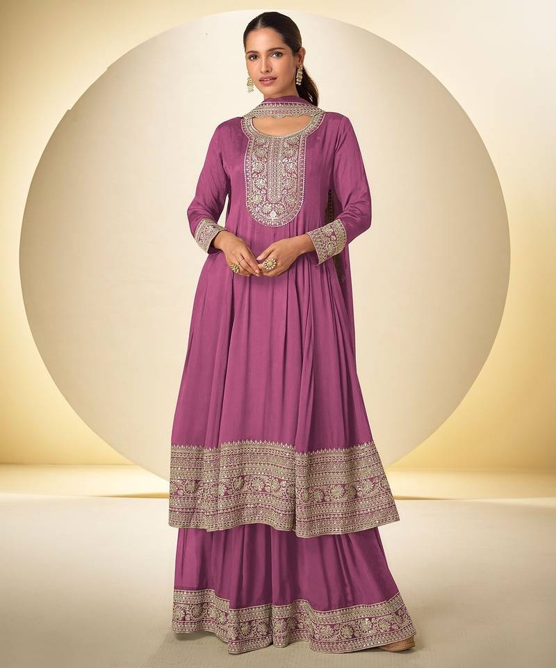 pink chiffon embroidery work & sequins semi stitched suit