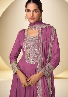 pink chiffon embroidery work & sequins semi stitched suit 2