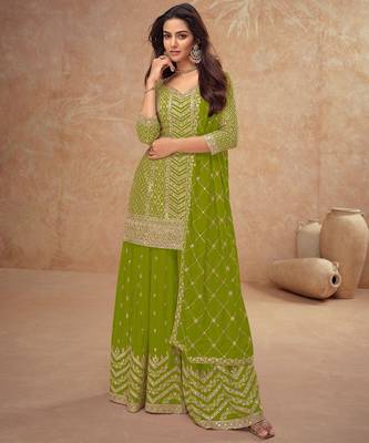 lime green chiffon gold and self colored diamond lattice embroidery semi stitched suit 1