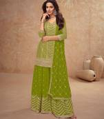 lime green chiffon gold and self colored diamond lattice embroidery semi stitched suit