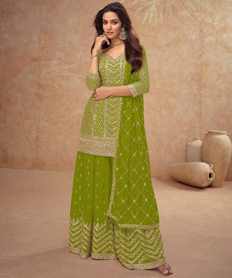 lime green chiffon gold and self colored diamond lattice embroidery semi stitched suit