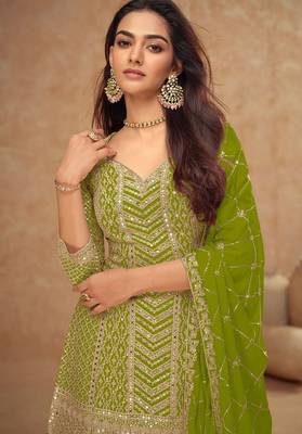 lime green chiffon gold and self colored diamond lattice embroidery semi stitched suit 2