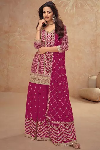 magenta chiffon gold and self colored diamond lattice embroidery semi stitched suit