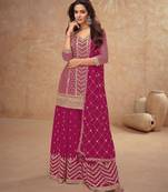 magenta chiffon gold and self colored diamond lattice embroidery semi stitched suit