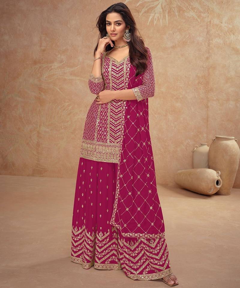 magenta chiffon gold and self colored diamond lattice embroidery semi stitched suit