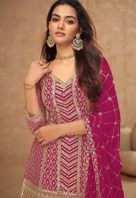 magenta chiffon gold and self colored diamond lattice embroidery semi stitched suit 2