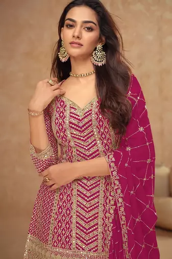 magenta chiffon gold and self colored diamond lattice embroidery semi stitched suit