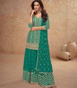 teal chiffon gold and self colored diamond lattice embroidery semi stitched suit