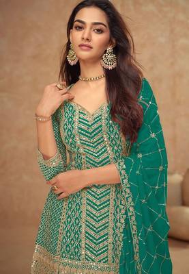 teal chiffon gold and self colored diamond lattice embroidery semi stitched suit 2