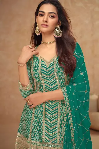 teal chiffon gold and self colored diamond lattice embroidery semi stitched suit