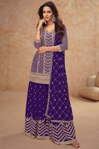 deep purple chiffon gold and self colored diamond lattice embroidery semi stitched suit