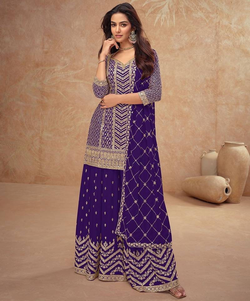 deep purple chiffon gold and self colored diamond lattice embroidery semi stitched suit
