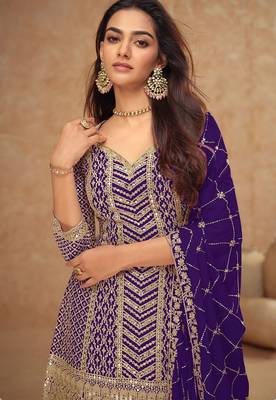 deep purple chiffon gold and self colored diamond lattice embroidery semi stitched suit 2