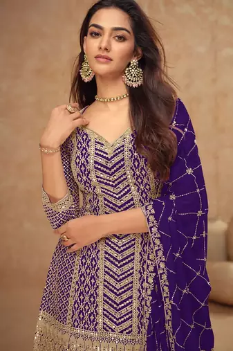 deep purple chiffon gold and self colored diamond lattice embroidery semi stitched suit