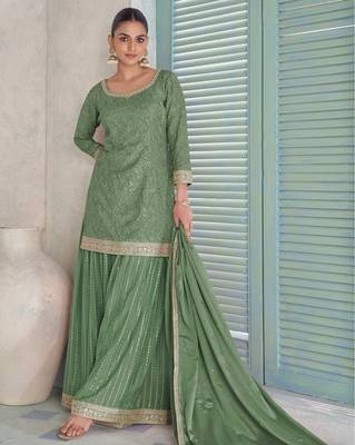 sea green chiffon embroidery semi stitched suit 1