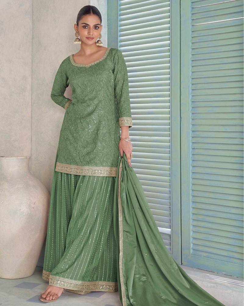 sea green chiffon embroidery semi stitched suit