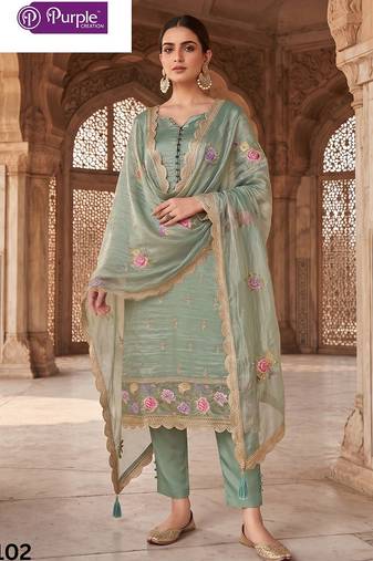 sea green silk blend designer embroidery work semi stitched suit