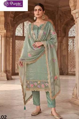 sea green silk blend designer embroidery work semi stitched suit