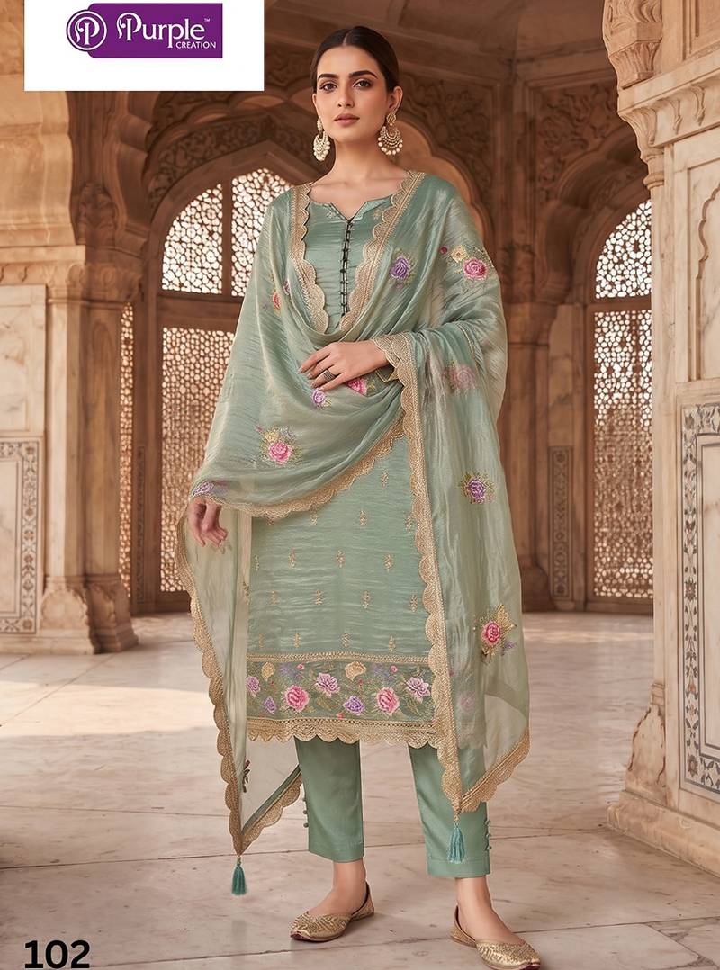 sea green silk blend designer embroidery work semi stitched suit