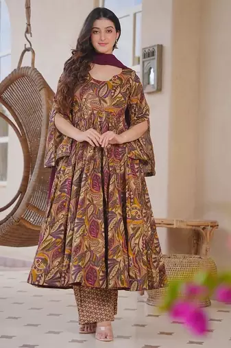 brown cotton silk heavy digital print semi stitched suit