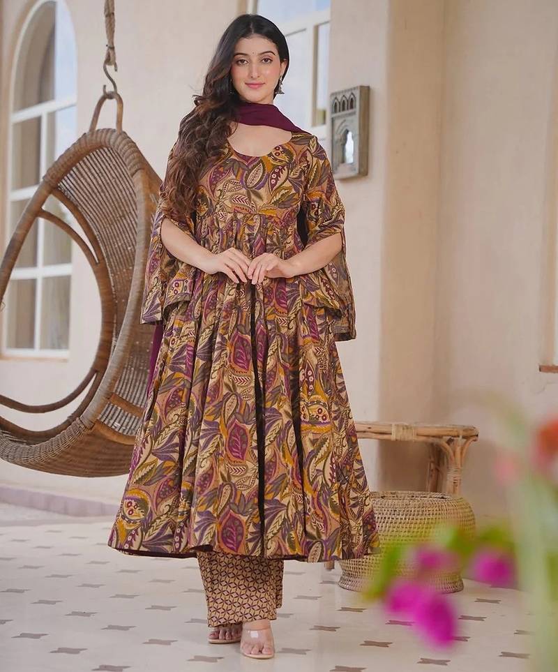 brown cotton silk heavy digital print semi stitched suit