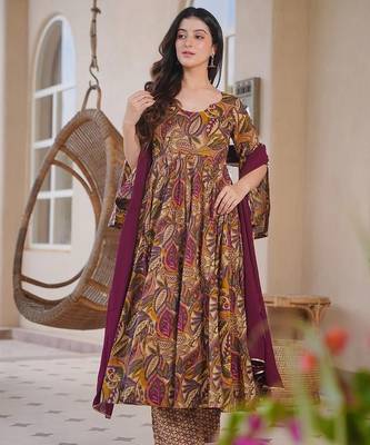 brown cotton silk heavy digital print semi stitched suit 4