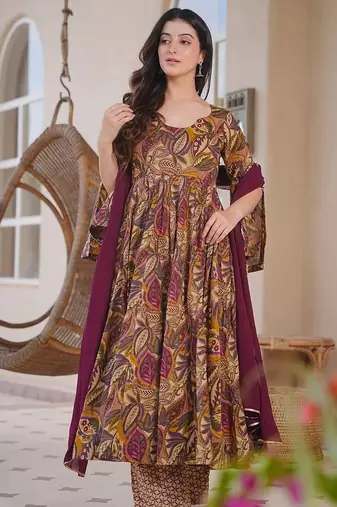 brown cotton silk heavy digital print semi stitched suit