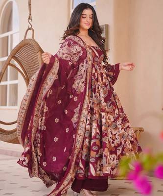 maroon cotton silk heavy digital print semi stitched suit 3