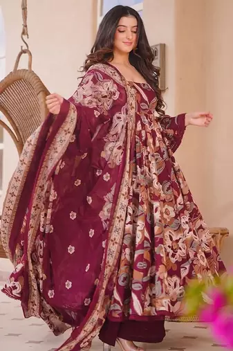 maroon cotton silk heavy digital print semi stitched suit