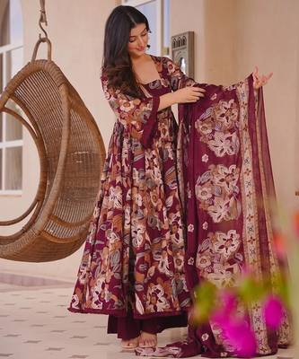 maroon cotton silk heavy digital print semi stitched suit 4