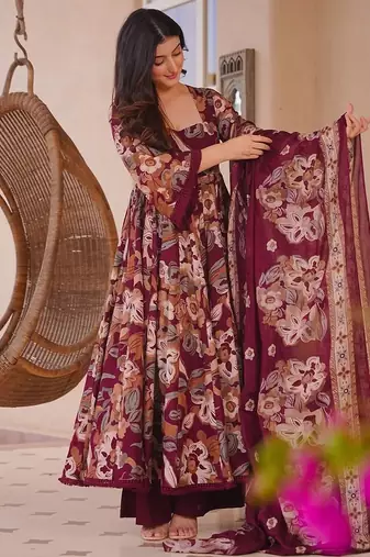 maroon cotton silk heavy digital print semi stitched suit