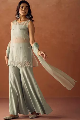sea green fancy fabric heavy thread  work semi stitched suit