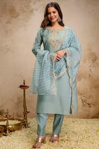 blue silk blend heavy thread  work semi stitched suit