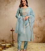 blue silk blend heavy thread  work semi stitched suit
