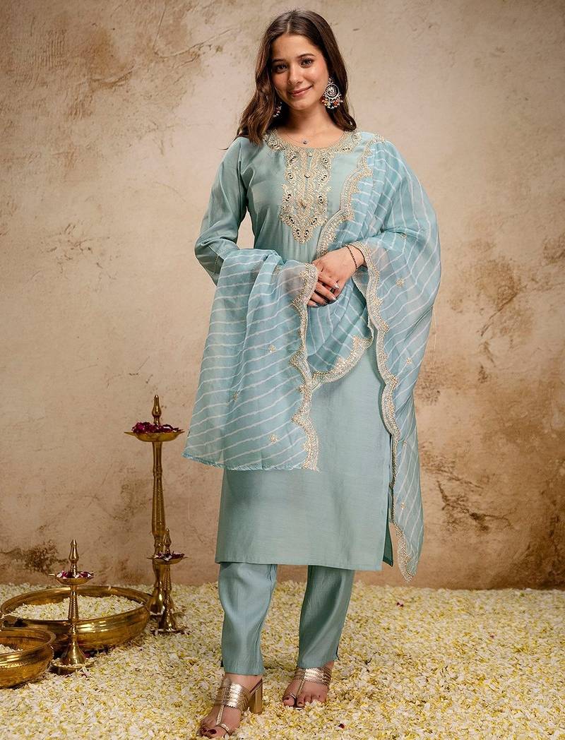 blue silk blend heavy thread  work semi stitched suit
