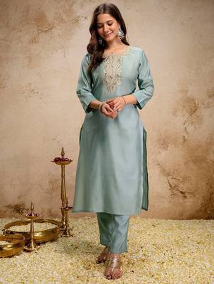 blue silk blend heavy thread  work semi stitched suit 2