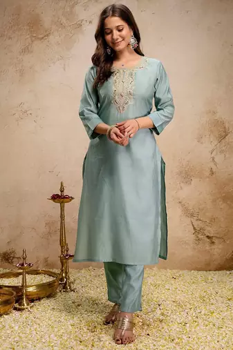 blue silk blend heavy thread  work semi stitched suit