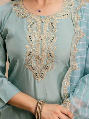 blue silk blend heavy thread  work semi stitched suit 4