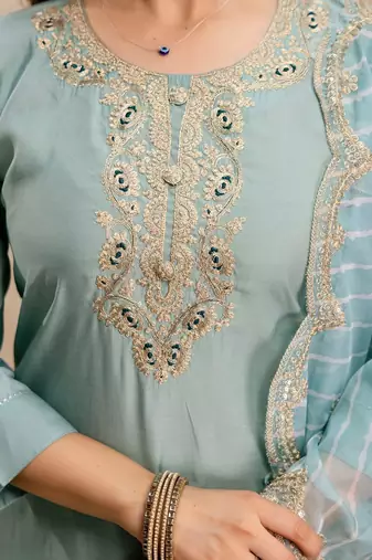 blue silk blend heavy thread  work semi stitched suit