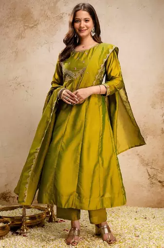 olive green silk blend embroidery work semi stitched suit