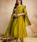 olive green silk blend embroidery work semi stitched suit