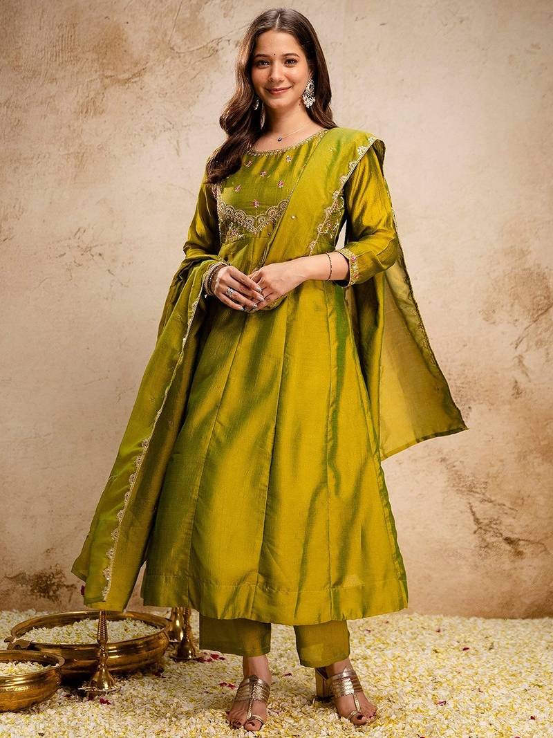 olive green silk blend embroidery work semi stitched suit