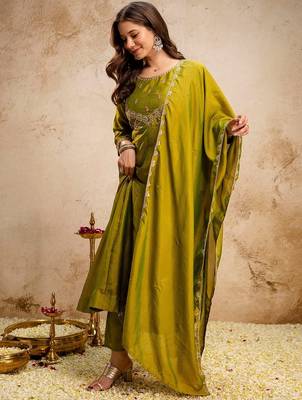 olive green silk blend embroidery work semi stitched suit 4