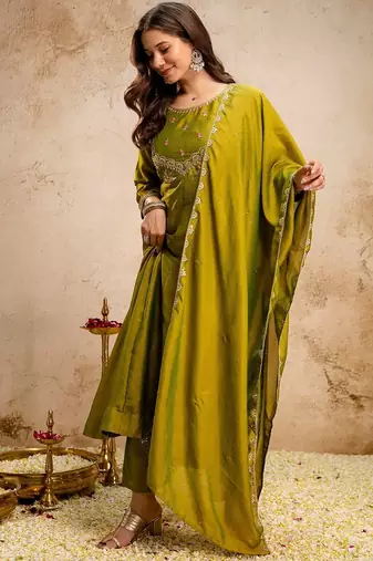 olive green silk blend embroidery work semi stitched suit