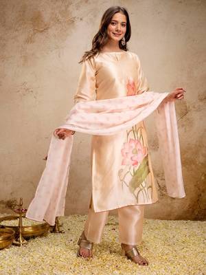 cream fancy fabric heavy thread embroidery work semi stitched suit 1