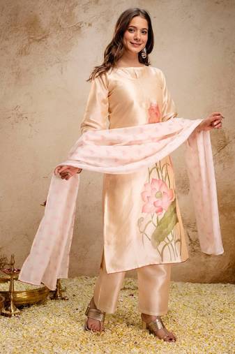 cream fancy fabric heavy thread embroidery work semi stitched suit